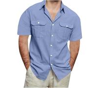 Camicia casual da uomo a maniche corte in cotone e lino, taglie forti, in mussola, estiva, con bottoni, in lino, camicia hawaiana, a maniche corte, per vacanze, spiaggia, da uomo, Blu, 4XL