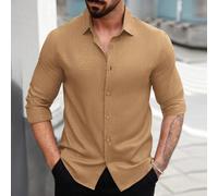 Camicia casual da uomo a maniche lunghe con righe, camicia basic a tinta unita, camicia casual da uomo beige, una nuova best seller autunno/inverno da uomo, una versatile camicia rossa vino a tinta un