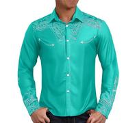 Camicia casual da uomo, a maniche lunghe, stile occidentale, con stampa cowboy, alla moda, tradizionale, per carnevale, slim fit, maglietta a maniche lunghe, da cowboy, Blu, 4XL