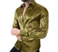 Camicia casual da uomo con bottoni, a maniche lunghe, elasticizzata, con stampa grafica retrò, colletto con risvolto, misto poliestere-spandex, per ufficio o abbigliamento da strada (M oro)