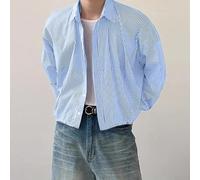 Camicia casual da uomo con bottoni, a maniche lunghe, vestibilità ampia con colletto con risvolto, stile streetwear coreano a righe, lunghezza regolare per l'uso quotidiano e occasioni sociali (S blu)