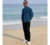 Camicia casual da uomo con colletto alla coreana e bottoni sul davanti, colore blu navy. Camicia da uomo con colletto alla coreana, blu, design di alta qualità, manica lunga. L,M,S,XL,XXLColore unicoT