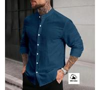 Camicia casual da uomo con colletto alla coreana e bottoni sul davanti, colore blu navy. Camicia da uomo con colletto alla coreana, blu, design di alta qualità, manica lunga. L,M,S,XL,XXLColore unicoT