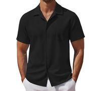 Camicia casual da uomo con colletto standard con tasca sul petto, maniche corte, con bottoni, vestibilità rilassata, leggera, estiva traspirante, per spiaggia, vacanze, top morbido e comodo, Nero , XL
