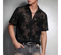 Camicia casual da uomo estiva, in velluto a tinta unita con paillettes, a maniche corte, ampia e adatta per feste. Ideale come regalo per il fidanzato. L,M,S,XL,XXLPiante,stampa dappertuttoTessuto in 