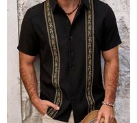 Camicia casual da uomo taglie forti nera con microfiori, monopetto, maniche corte, per cerimonie 2XL,3XL,4XL,5XL,6XLA strisce,PianteTessuto intrecciato