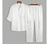 Camicia casual da uomo traspirante a tinta unita con collo alla coreana, bottoni, maniche lunghe e polsini, modello ampio e sottile, abbinata a pantaloni tinta unita, outfit pratico per uscire e andar