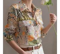 Camicia casual elegante a maniche lunghe con stampa floreale e geometrica della serie "Vacation" di ELVA, adatta per la Primavera/Estate, ideale per San Valentino e Capodanno L,M,S,XL,XSStampa Casuale