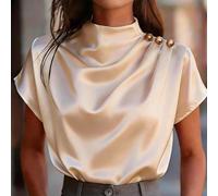 Camicia casual in raso bianco versatile da donna per l'estate, con piccolo colletto alla coreana e decorazione con bottoni sulla spalla, pieghe sulla spalla, adatta per il tempo libero, gli spostament