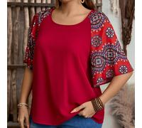 Camicia casual oversize a maniche corte collo rotondo con blocchi di colore, stile boho per donna, abbigliamento occidentale da donna, outfit da vacanza per donna 0XL,1XL,2XL,3XL,4XL,5XLBlocchi di col