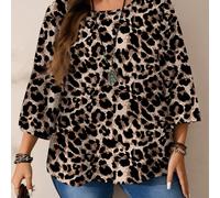 Camicia casual oversize da donna con stampa leopardata, vestibilità morbida, collo tondo, maniche a 3/4, adatta per l autunno/inverno 0XL,1XL,2XL,3XL,4XL,5XLLeopardo,Colore unico,Motivo strutturatoTes