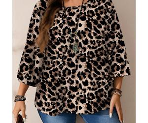 Camicia casual oversize da donna con stampa leopardata, vestibilità morbida, collo tondo, maniche a 3/4, adatta per l autunno/inverno 0XL,1XL,2XL,3XL,4XL,5XLLeopardo,Colore unico,Motivo strutturatoTes