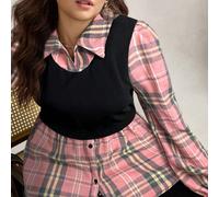 Camicia casual oversize LUNE con colletto alto, maniche a lanterna lunghe, lavorazione a contrasto in maglia a quadri, adatta per l'ufficio, due pezzi in uno con decorazione a bottoni 0XL,1XL,2XL,3XL,