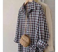 Camicia casual taglie forti a quadri con spalle scese, maniche lunghe, monopetto, stile anni 2000 e anni 80, autunno 2026, 22W, marrone 5XL,6XL,7XL,8XLquadriTessuto intrecciato