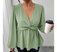 Camicia casual verde a maniche lunghe con torsione anteriore e linea ad A, taglie comode 0XL,1XL,2XL,3XL,4XL,5XLColore unicoTessuto intrecciato