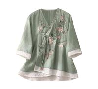 Camicia Cheongsam cinese da donna, maniche a 3/4, in cotone/lino, con ricamo floreale, a maniche lunghe, per il tempo libero, scollo a V profondo, ricamato, per il tempo libero, verde, M
