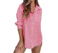Camicia classica da donna a righe con bottoni, a maniche lunghe, con colletto e tasca, vestibilità comoda, elegante per ufficio, lavoro, casual, per tutte le stagioni, Rosso anguria, 3XL