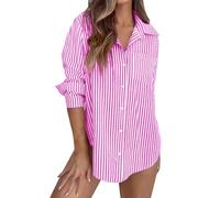 Camicia classica da donna a righe con bottoni, a maniche lunghe, con colletto e tasca, vestibilità comoda, elegante per ufficio, lavoro, casual, per tutte le stagioni, Rosa acceso, 3XL