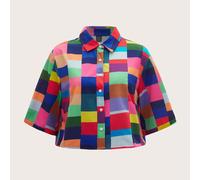 Camicia color block a quadri spalle cadenti corto L,M,S,XL,XS,XXLBlocchi di colore,quadriTessuto