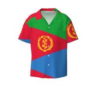 Camicia con bottoni a maniche corte con bandiera eritrea, vestibilità aderente, lunghezza senza pieghe, comodo tessuto elasticizzato., Nero, L
