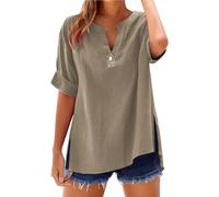 Camicia Con Bottoni Donna Cotone E Lino, Tunica Blusa Eleganti Maniche Corte E Colletto a Revers Casual Camice Tinta Unita Traspirante Con Scollo a V Camicetta Sciolto Leggero Taglie Forti Lavoro