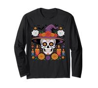 Camicia con Cappello da Strega Sugar Skull Dia Los Muertos Halloween Maglia a Manica