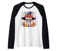 Camicia con Cappello da Strega Sugar Skull Dia Los Muertos Halloween Maglia con Maniche Raglan
