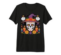 Camicia con Cappello da Strega Sugar Skull Dia Los Muertos Halloween Maglietta Premium