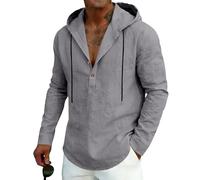 Camicia con Cappuccio da Uomo Camicia Henley a Maniche Lunghe in Misto Lino Felpa Casual Leggera e dalla vestibilità Ampia con Cappuccio, Ideale per Tutti i Giorni