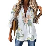 Camicia con Colletto e Fiori Selvatici Fiori Sparsi Acquerello Pastorale | Camicia da Donna a Maniche Lunghe con Bottoni, Camicetta Scollo a V e Colletto, Top Motivo Casual, S-6XL
