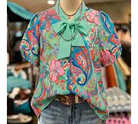 Camicia con maniche a sbuffo e fiocco con stampa paisley, top a maniche corte in stile vintage, adatto per il mercato delle vacanze nel sud-est asiatico / festival di musica bohémien / raduno di picni