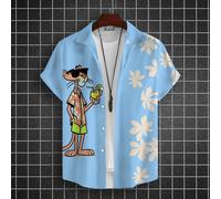 Camicia con risvolto a maniche corte da uomo con grafica leopardata dei cartoni animati Top Camicie hawaiane abbottonate rosa unisex Camicette femminili quotidiane estive