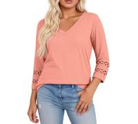 Camicia con scollo a V, maniche a tre quarti, maglietta casual, elastica, traspirante, morbida, comoda, per tutti i giorni, Colore: rosa., 3XL