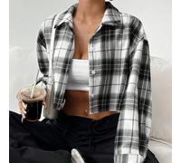 Camicia corta a quadri con maniche lunghe a goccia e spalle cadenti di forma box per donna in primavera e autunno L,M,S,XS,XXSTessuto intrecciato