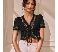 Camicia corta casual da donna con ricamo floreale e laccetti, top da uscire, top autunnali da donna SHEIN X Glamance SHEIN X potenzia la creatività fornendo a stilisti, artisti e marchi un accesso sen