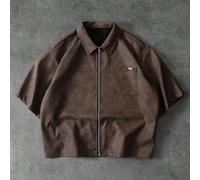 Camicia corta oversize casual con chiusura lampo, stile giovane e di strada, in PU texturizzato, con taschino sul petto, vestibilità rilassata, ideale come regalo per il fidanzato, capo essenziale per