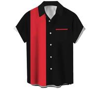 Camicia da bowling a maniche corte da uomo, stile casual, vintage e anni '50, con abbottonatura e blocchi di colore a contrasto, camicia cubana estiva, Rosso e nero., XL
