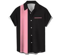 Camicia da bowling a maniche corte da uomo, stile casual, vintage e anni '50, con abbottonatura e blocchi di colore a contrasto, camicia cubana estiva, Nero e rosa., XL