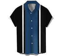 Camicia da bowling a maniche corte da uomo, stile casual, vintage e anni '50, con abbottonatura e blocchi di colore a contrasto, camicia cubana estiva, L