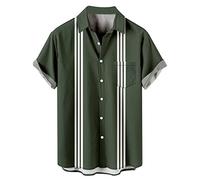 Camicia da bowling da uomo, retrò, a righe, a maniche corte, stile vintage, per il tempo libero, estiva, con bottoni, per il tempo libero, casual, con bottoni, O verde dell'esercito, XXXXL