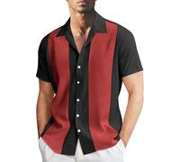 Camicia da bowling vintage da uomo, a maniche corte, con bottoni, vintage anni '50, rockabilly camp, camicia da bowling, casual, estate (tipo - 6, L)