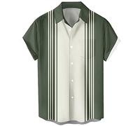 Camicia da bowling vintage da uomo anni '50 retrò manica corta button down camicie, Crema Salvia a righe, L