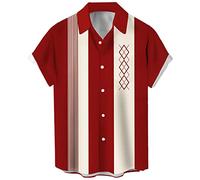 Camicia da Bowling Vintage da Uomo Anni '50 retrò Manica Corta Button Down Camicie, Rosso Albicocca Geometrica, L