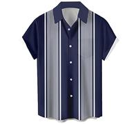 Camicia da bowling vintage da uomo anni '50 retrò manica corta button down camicie, Striscia Zaffiro, XL
