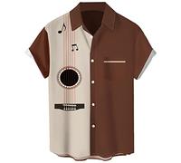 Camicia da bowling vintage da uomo anni '50 retrò stile Rockabilly manica corta pulsante giù musica camicie hawaiane, Caffè chitarra-albicocca, XL