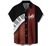 Camicia da bowling vintage da uomo anni '50 retrò stile Rockabilly manica corta pulsante giù musica camicie hawaiane, Pianoforte rosso Balck, XX-Large