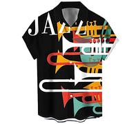 Camicia da bowling vintage da uomo anni '50 retrò stile Rockabilly manica corta pulsante giù musica camicie hawaiane, Tromba-nero, XL