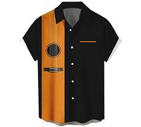 Camicia da bowling vintage da uomo anni '50 retrò stile Rockabilly manica corta pulsante giù musica camicie hawaiane, Chitarra-giallo Nero, 3XL