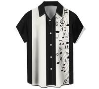 Camicia da bowling vintage da uomo anni '50 retrò stile Rockabilly manica corta pulsante giù musica camicie hawaiane, Music Note-bianco Nero, 3XL