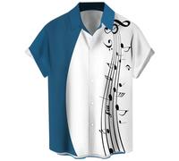 Camicia da bowling vintage da uomo anni '50 retrò stile Rockabilly manica corta pulsante giù musica camicie hawaiane, Music Note-bianco Blu, S